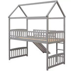 Lit mezzanine double cabane avec toboggan, structure de lit mezzanine en bois avec échelle et toit