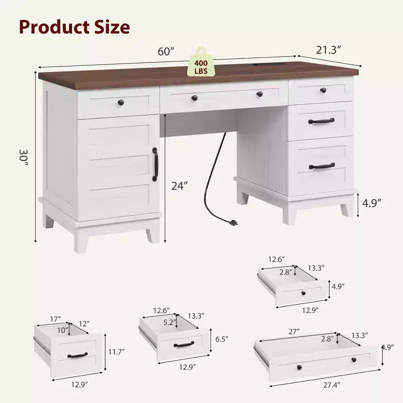 Bureau de direction Garvee avec tiroirs, bureau d'ordinateur de style rustique avec station de charge, bureau d'écriture en bois de 60 pouces avec classeur de rangement