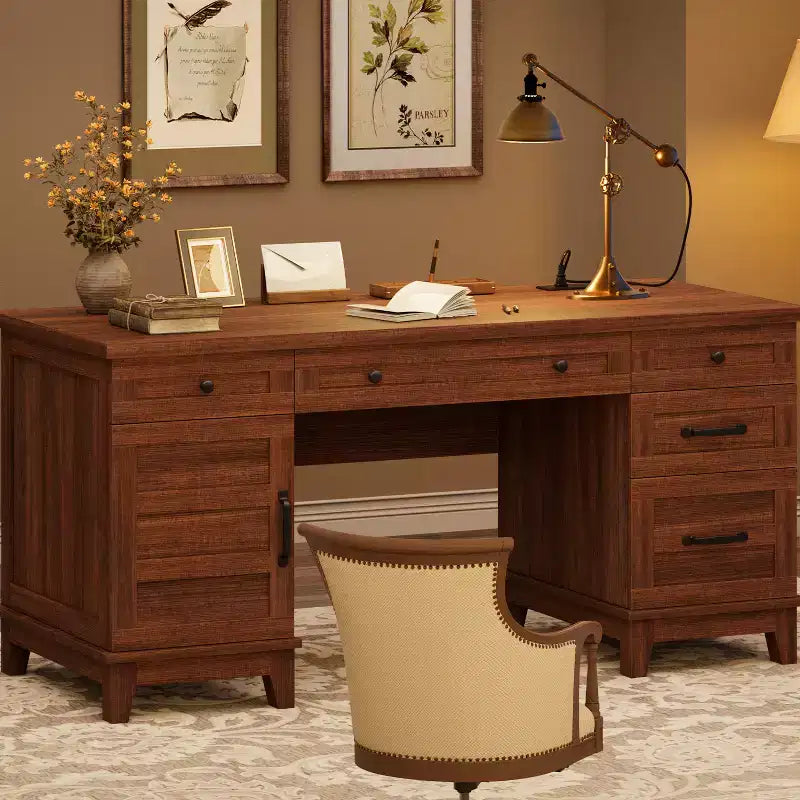 Bureau de direction Garvee avec tiroirs, bureau d'ordinateur de style rustique avec station de charge, bureau d'écriture en bois de 60 pouces avec classeur de rangement