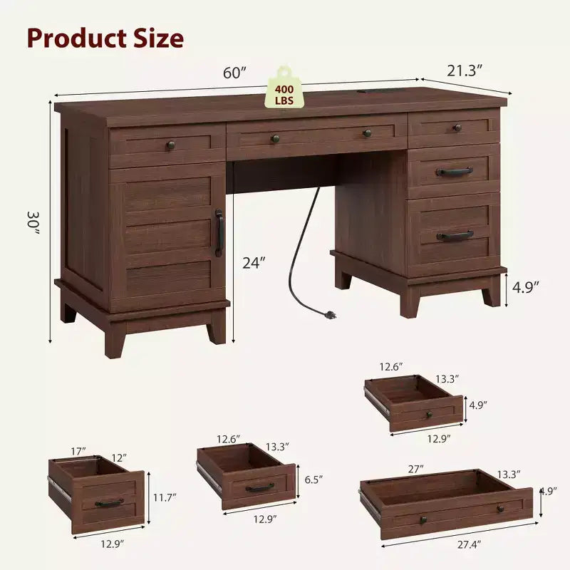 Bureau de direction Garvee avec tiroirs, bureau d'ordinateur de style rustique avec station de charge, bureau d'écriture en bois de 60 pouces avec classeur de rangement
