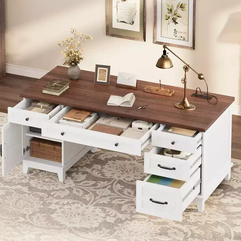 Bureau de direction Garvee avec tiroirs, bureau d'ordinateur de style rustique avec station de charge, bureau d'écriture en bois de 60 pouces avec classeur de rangement