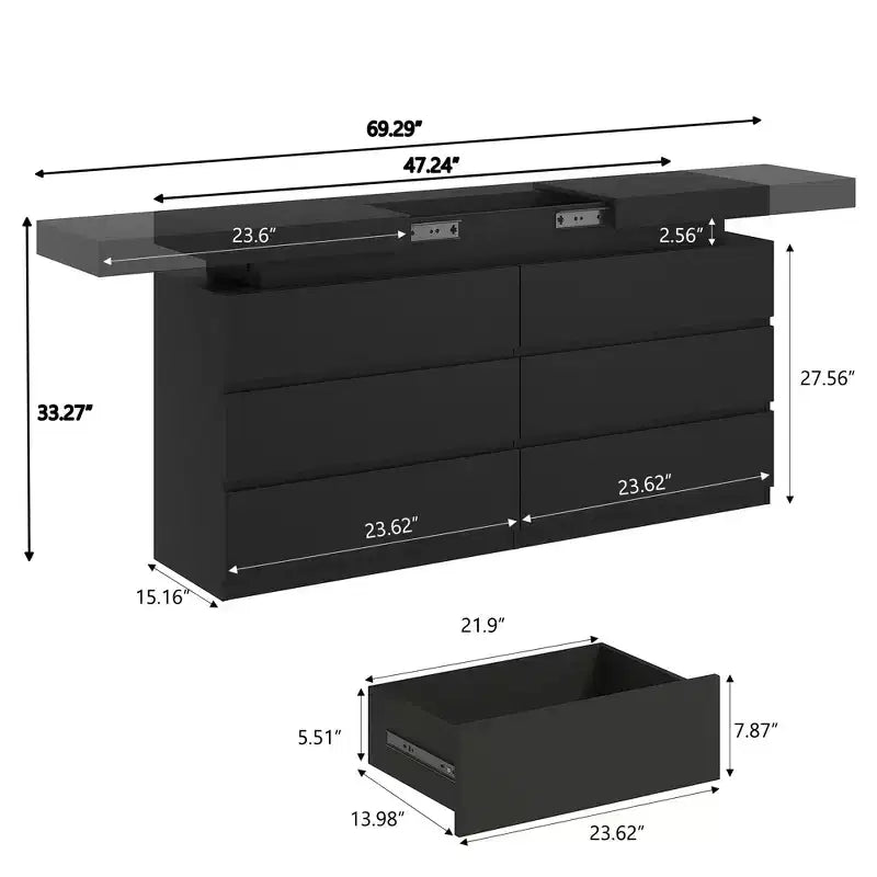 Coiffeuse moderne Dyonery à 6 tiroirs avec plateau coulissant, comprenant des tiroirs, un organiseur pour chambre à coucher, placard et salon