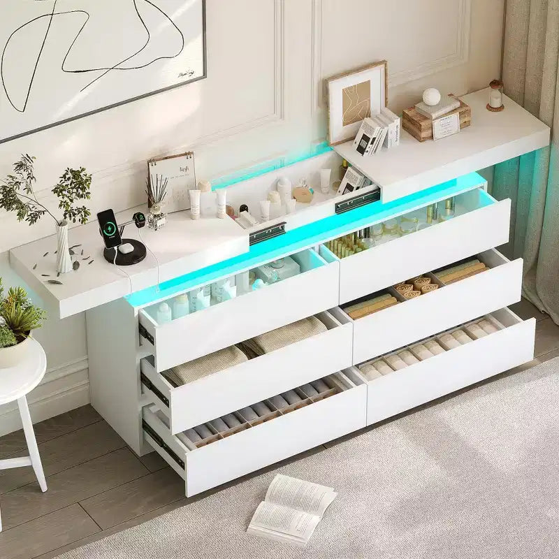 Coiffeuse moderne Dyonery à 6 tiroirs avec plateau coulissant, comprenant des tiroirs, un organiseur pour chambre à coucher, placard et salon