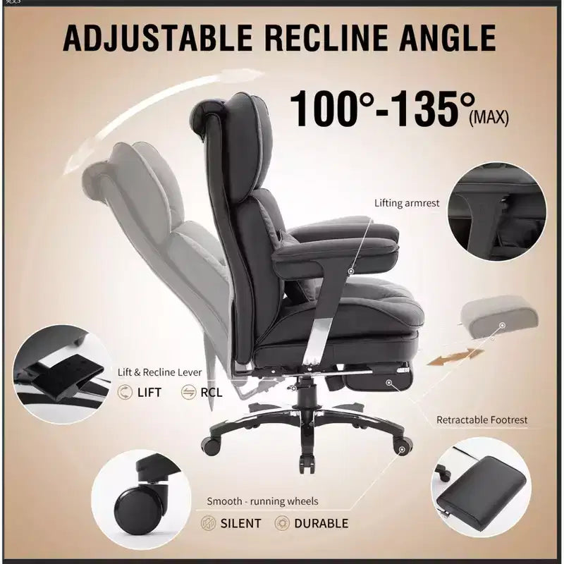 Fauteuil de bureau grande taille avec repose-pieds - Fauteuil de bureau exécutif Efomao à dossier haut avec assise large, accoudoirs réglables, fauteuil d'ordinateur ergonomique, noir