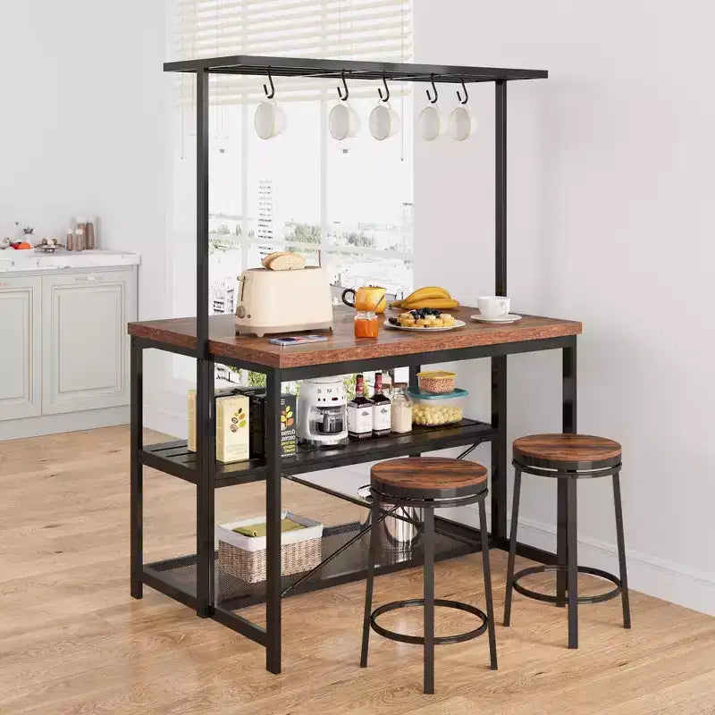 Coolmee Îlot de Cuisine de 42/47 Pouces avec Rangement et Sièges – Étagère de Boulanger à 3 Niveaux, Support de Micro-ondes, Table à Manger pour 4, 5 Crochets et Capacité de 50 lb