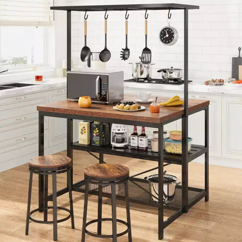 Coolmee Îlot de Cuisine de 42/47 Pouces avec Rangement et Sièges – Étagère de Boulanger à 3 Niveaux, Support de Micro-ondes, Table à Manger pour 4, 5 Crochets et Capacité de 50 lb