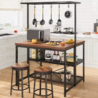 Coolmee Îlot de Cuisine de 42/47 Pouces avec Rangement et Sièges – Étagère de Boulanger à 3 Niveaux, Support de Micro-ondes, Table à Manger pour 4, 5 Crochets et Capacité de 50 lb