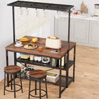 Coolmee Îlot de Cuisine de 42/47 Pouces avec Rangement et Sièges – Étagère de Boulanger à 3 Niveaux, Support de Micro-ondes, Table à Manger pour 4, 5 Crochets et Capacité de 50 lb