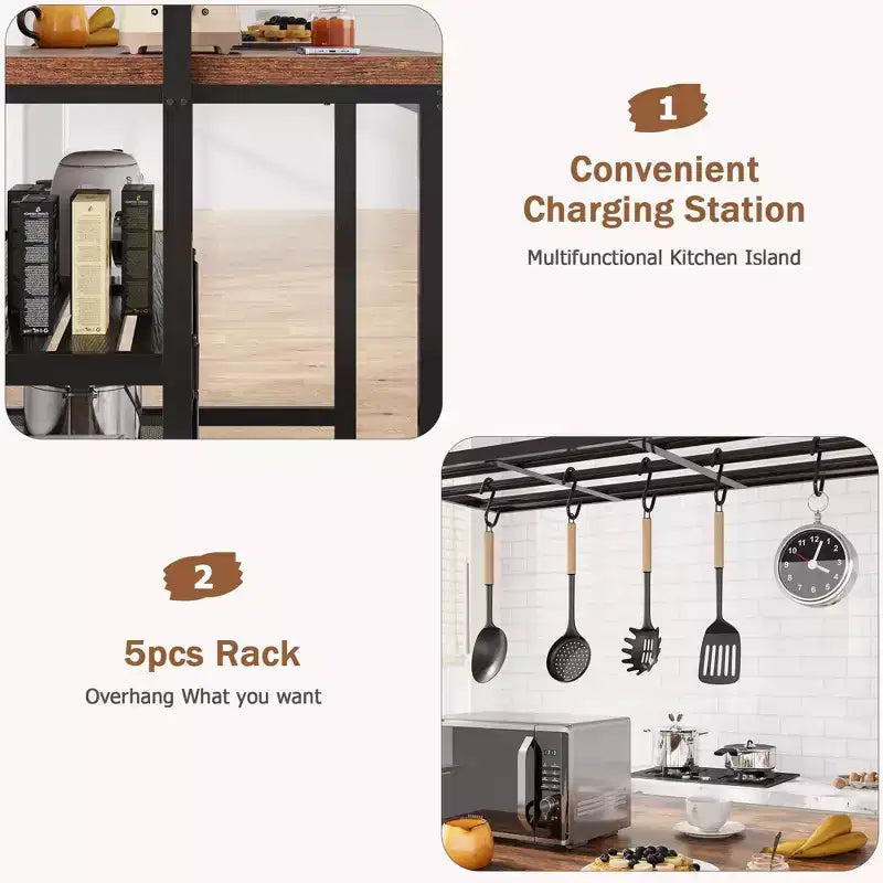Coolmee Îlot de Cuisine de 42/47 Pouces avec Rangement et Sièges – Étagère de Boulanger à 3 Niveaux, Support de Micro-ondes, Table à Manger pour 4, 5 Crochets et Capacité de 50 lb