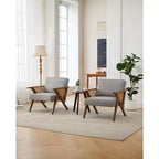 Fauteuil de salon en rotin du milieu du siècle, fauteuil vintage en lin rembourré avec cadre en bois massif pour salon/chambre à coucher, capacité de 130 kg, beige/gris (1 pièce)