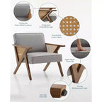 Fauteuil de salon en rotin du milieu du siècle, fauteuil vintage en lin rembourré avec cadre en bois massif pour salon/chambre à coucher, capacité de 130 kg, beige/gris (1 pièce)