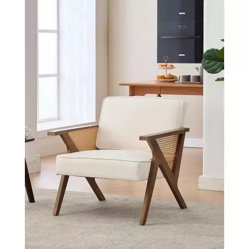 Fauteuil de salon en rotin du milieu du siècle, fauteuil vintage en lin rembourré avec cadre en bois massif pour salon/chambre à coucher, capacité de 130 kg, beige/gris (1 pièce)