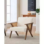 Fauteuil de salon en rotin du milieu du siècle, fauteuil vintage en lin rembourré avec cadre en bois massif pour salon/chambre à coucher, capacité de 130 kg, beige/gris (1 pièce)