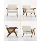 Fauteuil de salon en rotin du milieu du siècle, fauteuil vintage en lin rembourré avec cadre en bois massif pour salon/chambre à coucher, capacité de 130 kg, beige/gris (1 pièce)