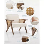 Fauteuil de salon en rotin du milieu du siècle, fauteuil vintage en lin rembourré avec cadre en bois massif pour salon/chambre à coucher, capacité de 130 kg, beige/gris (1 pièce)