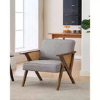 Fauteuil de salon en rotin du milieu du siècle, fauteuil vintage en lin rembourré avec cadre en bois massif pour salon/chambre à coucher, capacité de 130 kg, beige/gris (1 pièce)