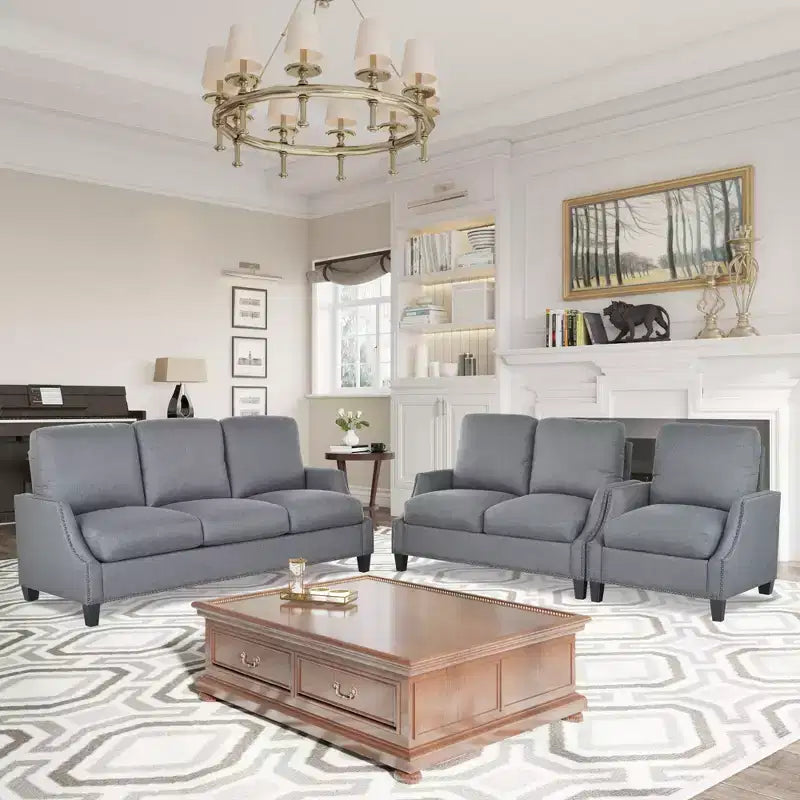 Ensemble de canapés 3 pièces rembourrés modernes GDFStudio Cordoba avec clous décoratifs