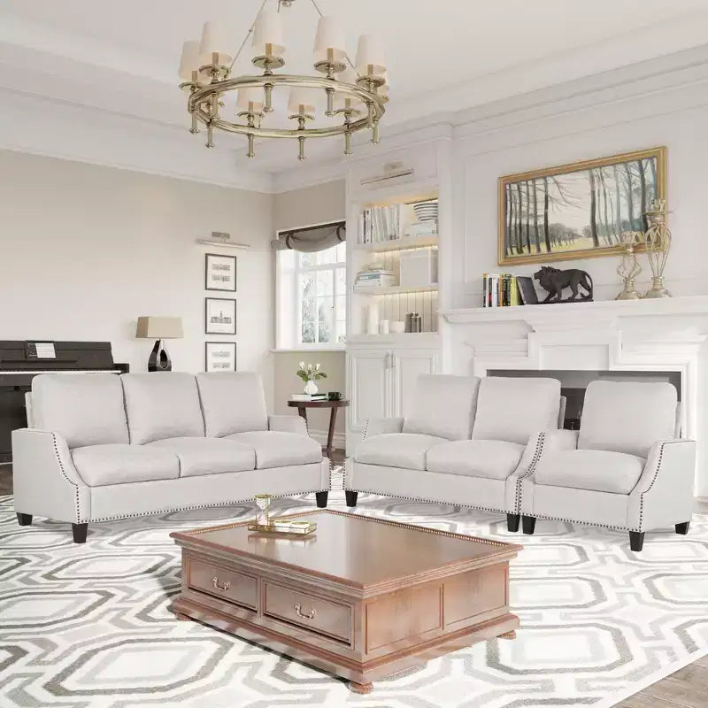 Ensemble de canapés 3 pièces rembourrés modernes GDFStudio Cordoba avec clous décoratifs