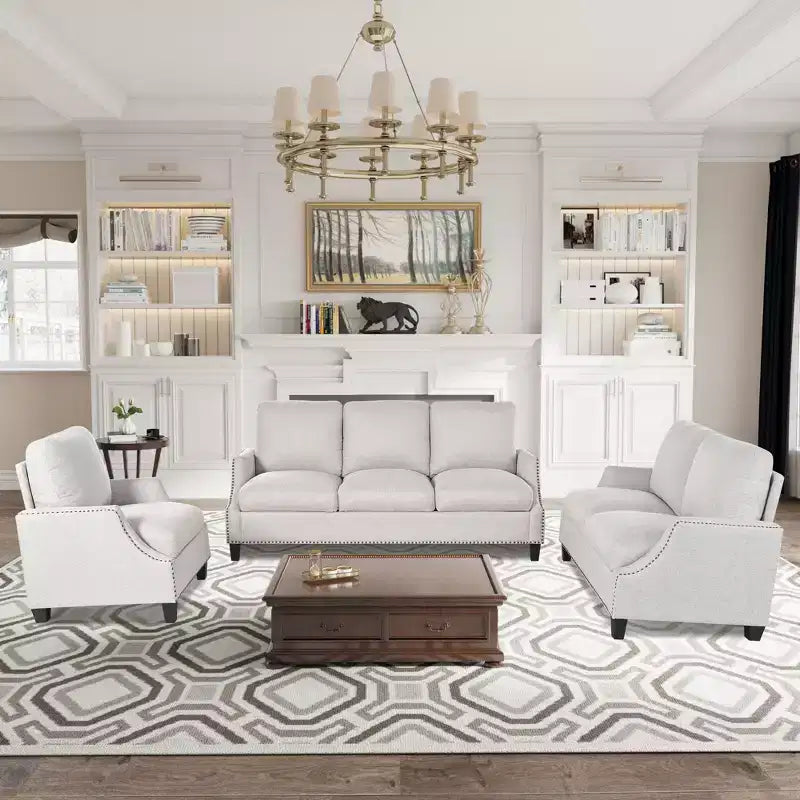 GDFStudio Cordoba Modern 3 Piece Upholstered Sofa Set with Nailhead Trim