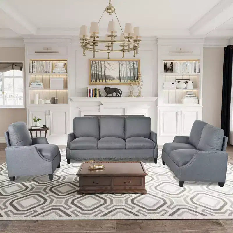 Ensemble de canapés 3 pièces rembourrés modernes GDFStudio Cordoba avec clous décoratifs