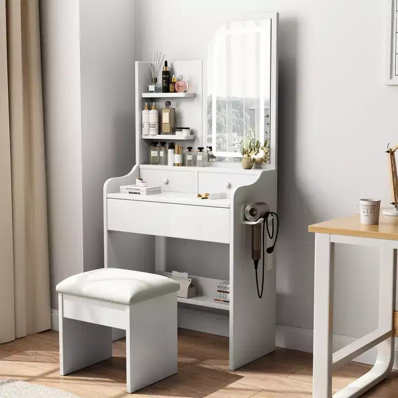 Coiffeuse avec chaise, miroir éclairé à 3 modes, tiroirs et étagères ouvertes, blanc - ModernLuxe