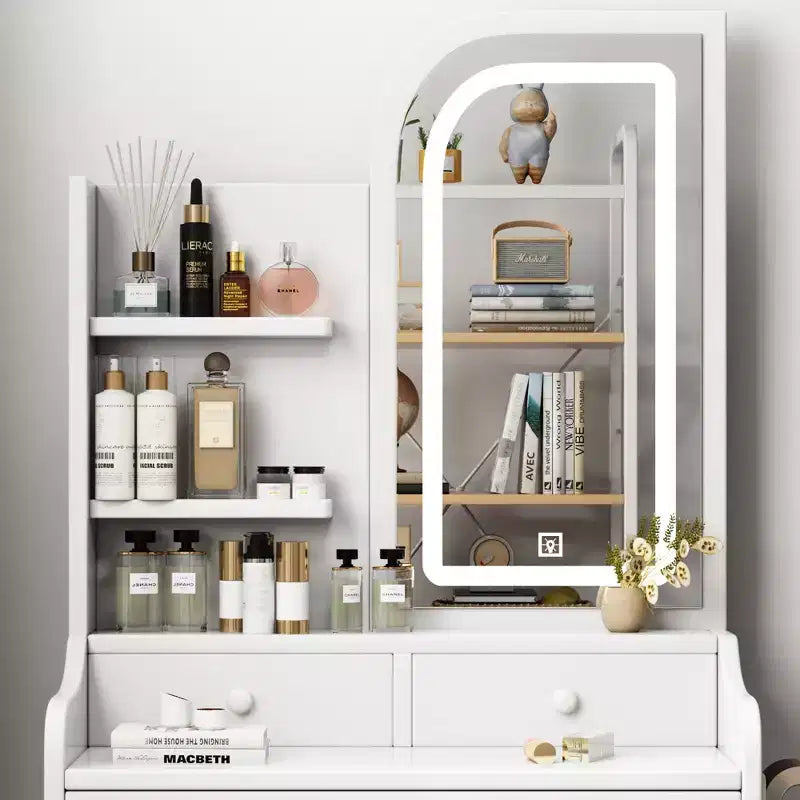 Coiffeuse avec chaise, miroir éclairé à 3 modes, tiroirs et étagères ouvertes, blanc - ModernLuxe