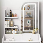 Coiffeuse avec chaise, miroir éclairé à 3 modes, tiroirs et étagères ouvertes, blanc - ModernLuxe