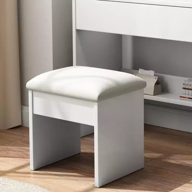 Coiffeuse avec chaise, miroir éclairé à 3 modes, tiroirs et étagères ouvertes, blanc - ModernLuxe