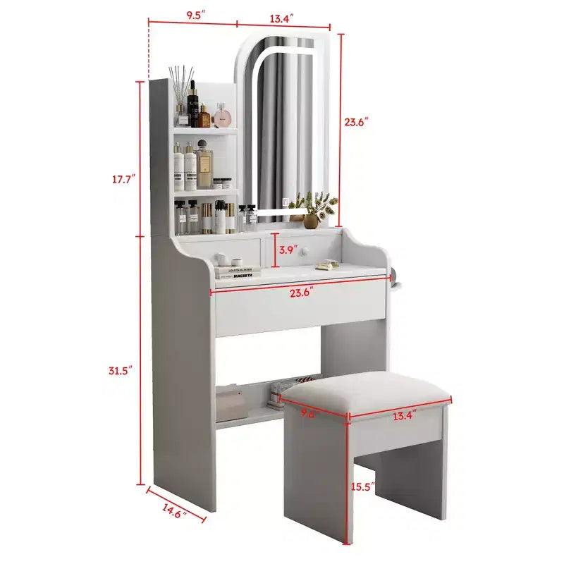 Coiffeuse avec chaise, miroir éclairé à 3 modes, tiroirs et étagères ouvertes, blanc - ModernLuxe