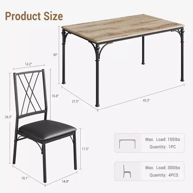 Ensemble de salle à manger 5 pièces, table rectangulaire moderne en bois et 4 chaises en métal