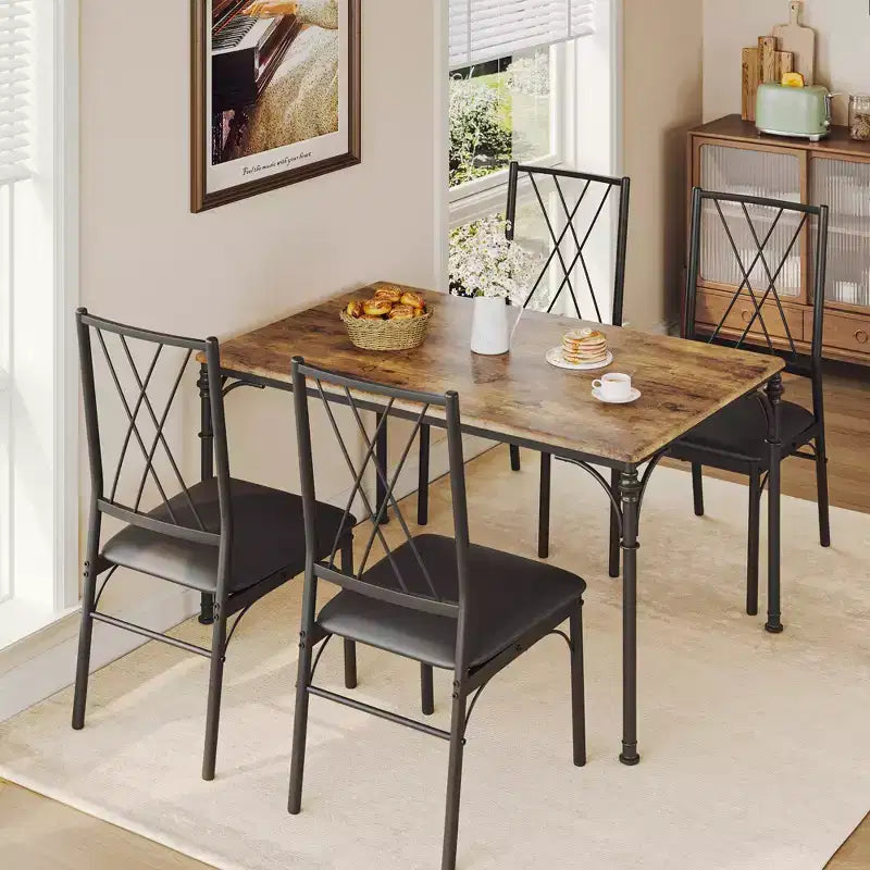 Ensemble de salle à manger 5 pièces, table rectangulaire moderne en bois et 4 chaises en métal