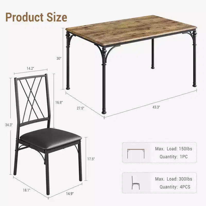 Ensemble de salle à manger 5 pièces, table rectangulaire moderne en bois et 4 chaises en métal