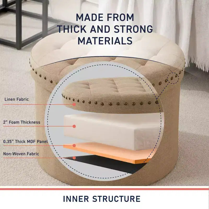 Ornavo Home Decor Grand Pouf de Rangement Rond Pliable de 20 po avec Clous Décoratifs pour Salon et Chambre à Coucher