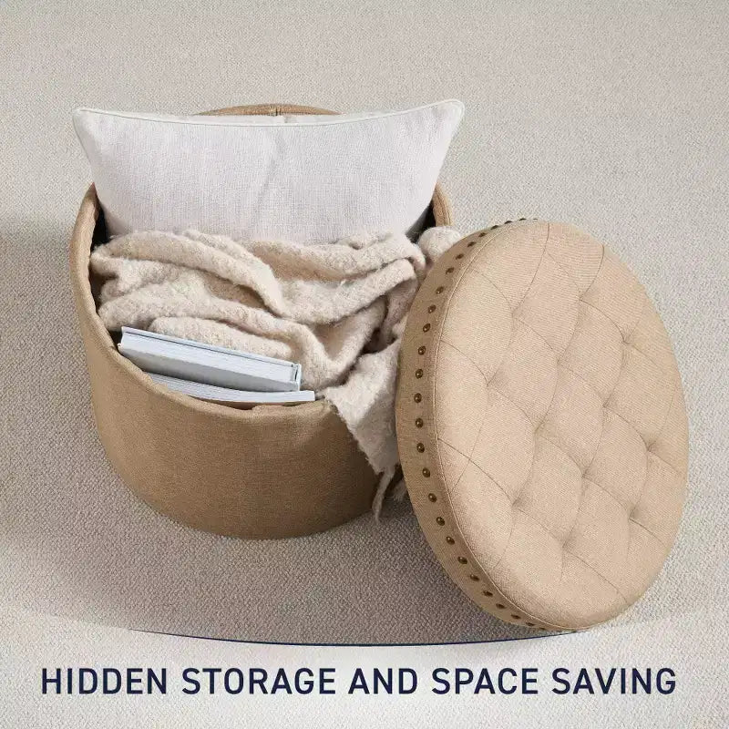 Ornavo Home Decor Grand Pouf de Rangement Rond Pliable de 20 po avec Clous Décoratifs pour Salon et Chambre à Coucher