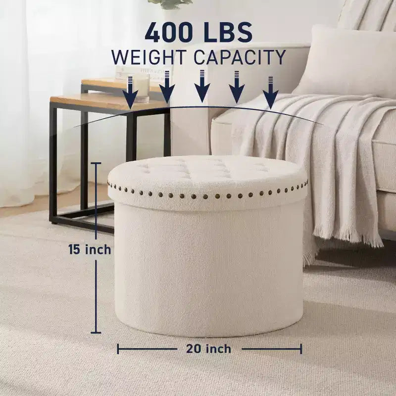 Ornavo Home Decor Grand Pouf de Rangement Rond Pliable de 20 po avec Clous Décoratifs pour Salon et Chambre à Coucher