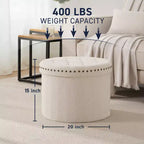 Ornavo Home Decor Grand Pouf de Rangement Rond Pliable de 20 po avec Clous Décoratifs pour Salon et Chambre à Coucher