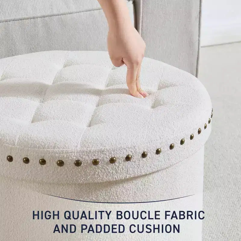 Ornavo Home Decor Grand Pouf de Rangement Rond Pliable de 20 po avec Clous Décoratifs pour Salon et Chambre à Coucher
