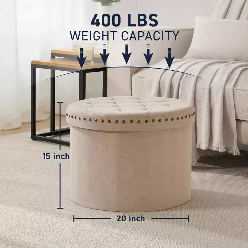 Ornavo Home Decor Grand Pouf de Rangement Rond Pliable de 20 po avec Clous Décoratifs pour Salon et Chambre à Coucher