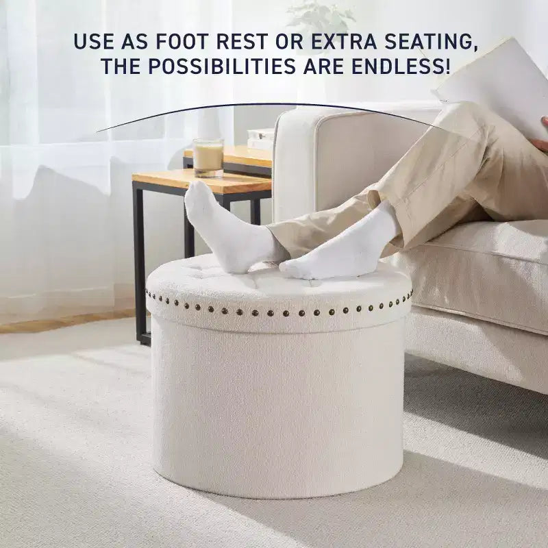 Ornavo Home Decor Grand Pouf de Rangement Rond Pliable de 20 po avec Clous Décoratifs pour Salon et Chambre à Coucher