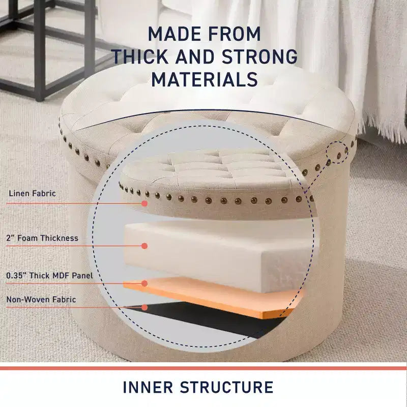 Ornavo Home Decor Grand Pouf de Rangement Rond Pliable de 20 po avec Clous Décoratifs pour Salon et Chambre à Coucher