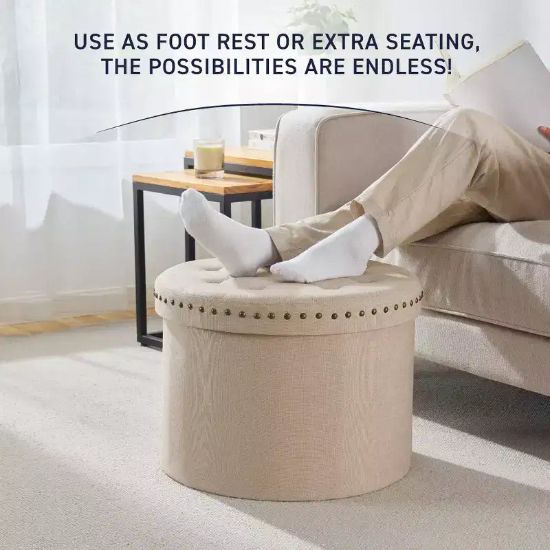 Ornavo Home Decor Grand Pouf de Rangement Rond Pliable de 20 po avec Clous Décoratifs pour Salon et Chambre à Coucher