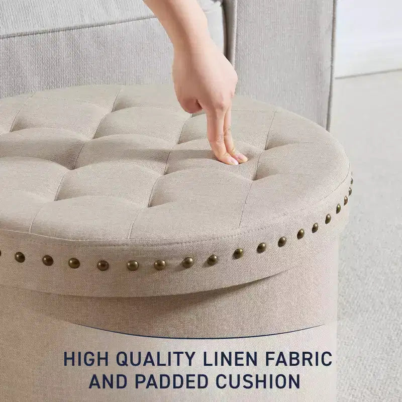 Ornavo Home Decor Grand Pouf de Rangement Rond Pliable de 20 po avec Clous Décoratifs pour Salon et Chambre à Coucher