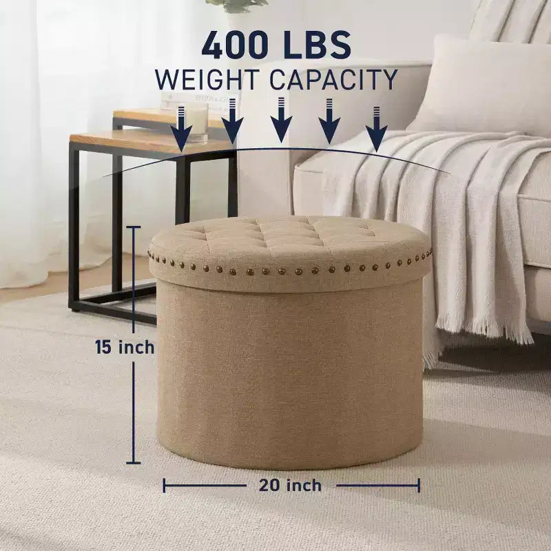 Ornavo Home Decor Grand Pouf de Rangement Rond Pliable de 20 po avec Clous Décoratifs pour Salon et Chambre à Coucher