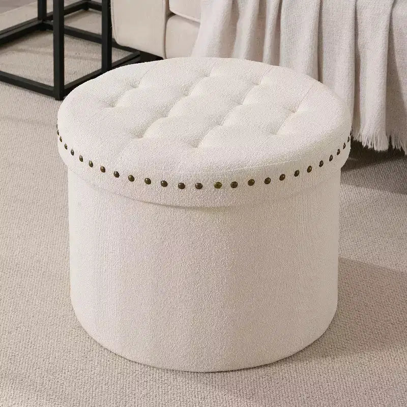 Ornavo Home Decor Grand Pouf de Rangement Rond Pliable de 20 po avec Clous Décoratifs pour Salon et Chambre à Coucher