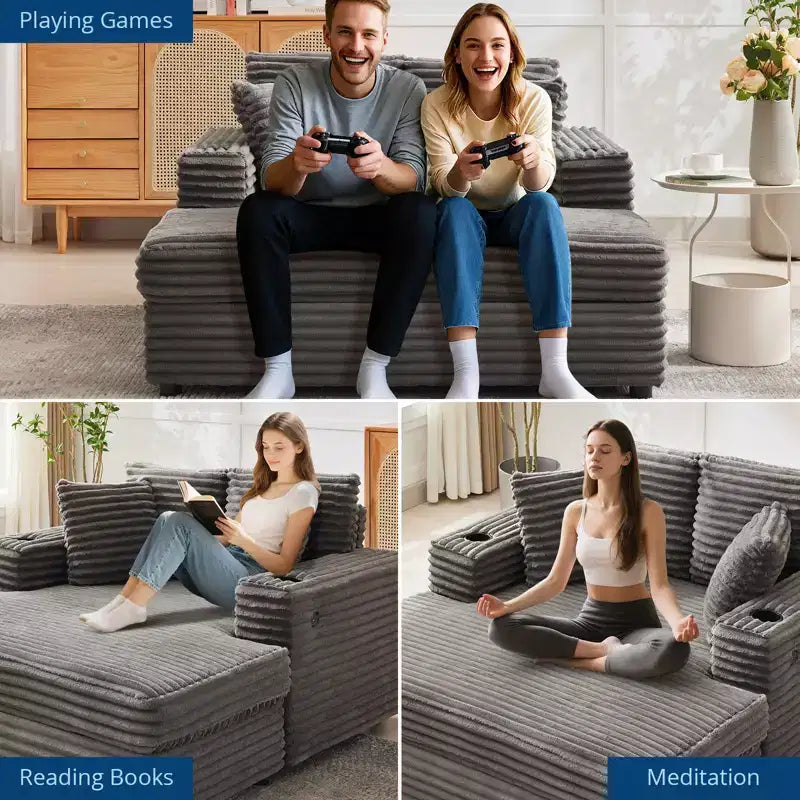Chaise Longue Surdimensionnée 54 Pouces en Velours Côtelé, Canapé-Lit Rembourré, avec Station de Recharge, Porte-Gobelets et Coussins, Canapé en Velours Côtelé pour Salon, Chambre