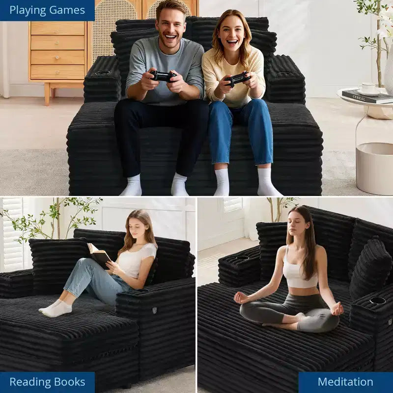 Chaise Longue Surdimensionnée 54 Pouces en Velours Côtelé, Canapé-Lit Rembourré, avec Station de Recharge, Porte-Gobelets et Coussins, Canapé en Velours Côtelé pour Salon, Chambre