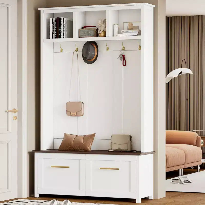 CLIHOME Arbre d'entrée polyvalent 4-en-1 avec 6 crochets dorés, banc grain de bois avec multiples espaces de rangement, porte-manteau d'entrée avec 2 tiroirs