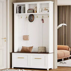 CLIHOME Arbre d'entrée polyvalent 4-en-1 avec 6 crochets dorés, banc grain de bois avec multiples espaces de rangement, porte-manteau d'entrée avec 2 tiroirs
