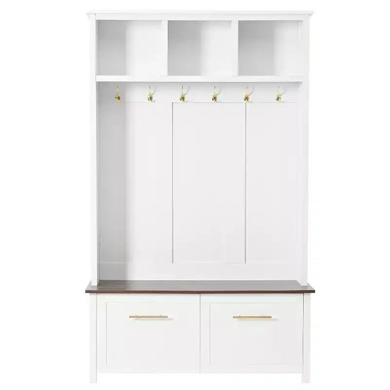 CLIHOME Arbre d'entrée polyvalent 4-en-1 avec 6 crochets dorés, banc grain de bois avec multiples espaces de rangement, porte-manteau d'entrée avec 2 tiroirs