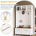CLIHOME Arbre d'entrée polyvalent 4-en-1 avec 6 crochets dorés, banc grain de bois avec multiples espaces de rangement, porte-manteau d'entrée avec 2 tiroirs